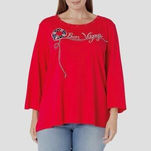 Alfred Dunner Red Bon Voyage Embroidered 3/4 Sleeve Top XL